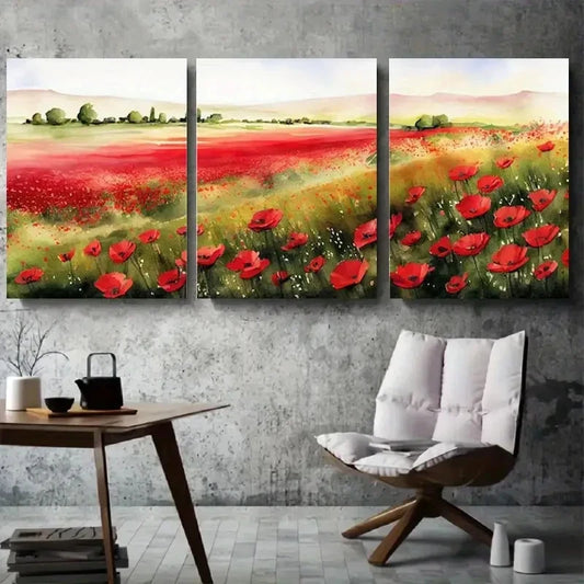 3pcs Vibrant Red Poppy Field Watercolor Wall Art Set Canvas Framed 60x90cm - High Quality Print 100% Australian Made Wall Canvas Ready to Hang