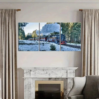 3pcs Snowy Forest & Steam Train Landscape Wall Art Set Canvas Framed 40x60cm - High Quality Print 100% Australian Made Wall Canvas Ready to Hang