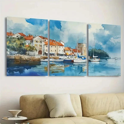 3pcs Vibrant Coastal Scene with Boats Wall Art Set Canvas Framed 50x70cm - High Quality Print 100% Australian Made Wall Canvas Ready to Hang