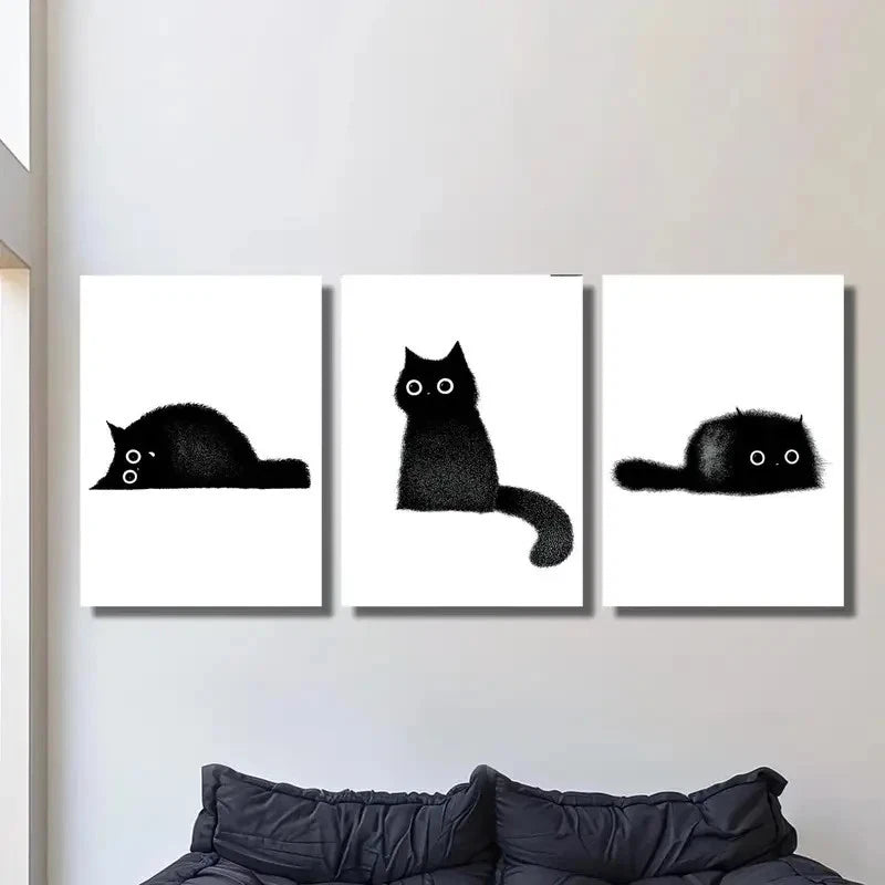 3pcs Cute Black Cat Illustrations Metal Print Ready to Hang Art - Bella Home Decor