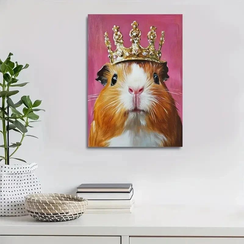 Whimsical Guinea Pig with Crown Fur & Eyes Painting 40x60cm Metal Print Ready to Hang - Bella Home Decor