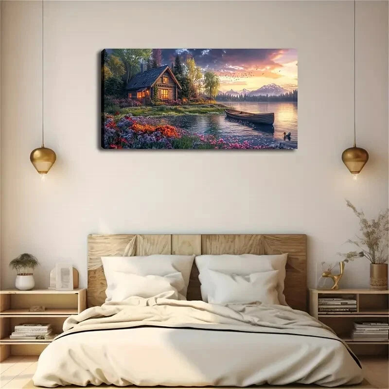 Wooden House Filled Flowers Wall Art Canvas Office Home Room Framed 120x60cm - Bella Home Decor
