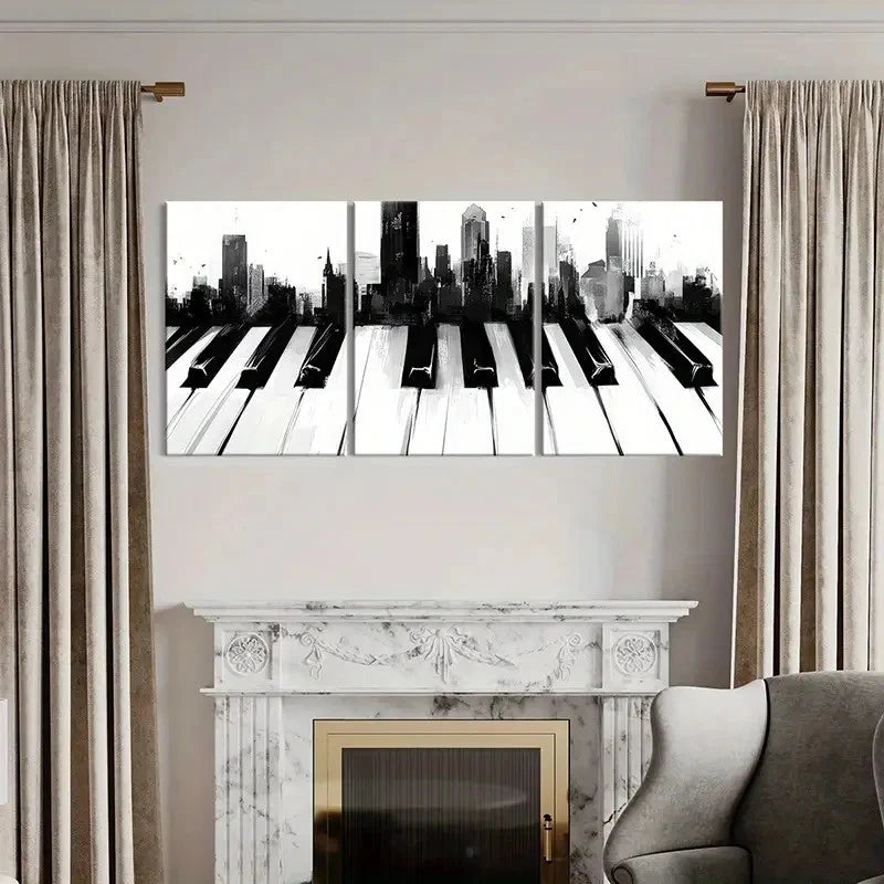 3pcs Black And White Modern Cityscape Piano Key    Wall Art Set Canvas Framed 40x60cm - High Quality Print 100% Australian Made Wall Canvas Ready to Hang - Bella Home Decor