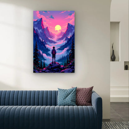 Vibrant Retro Mountain Hiker Illustration 40x60cm Metal Print Ready to Hang