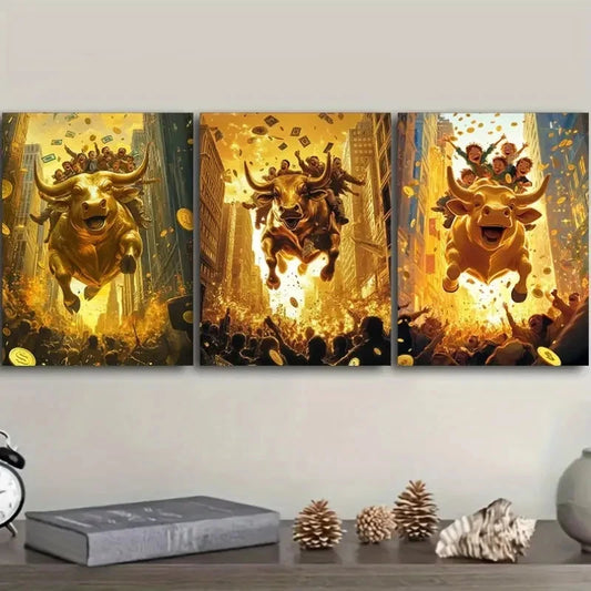 3pcs A golden bull Wall Art Set Canvas Framed 50x70cm - High Quality Print 100% Australian Made Wall Canvas Ready to Hang