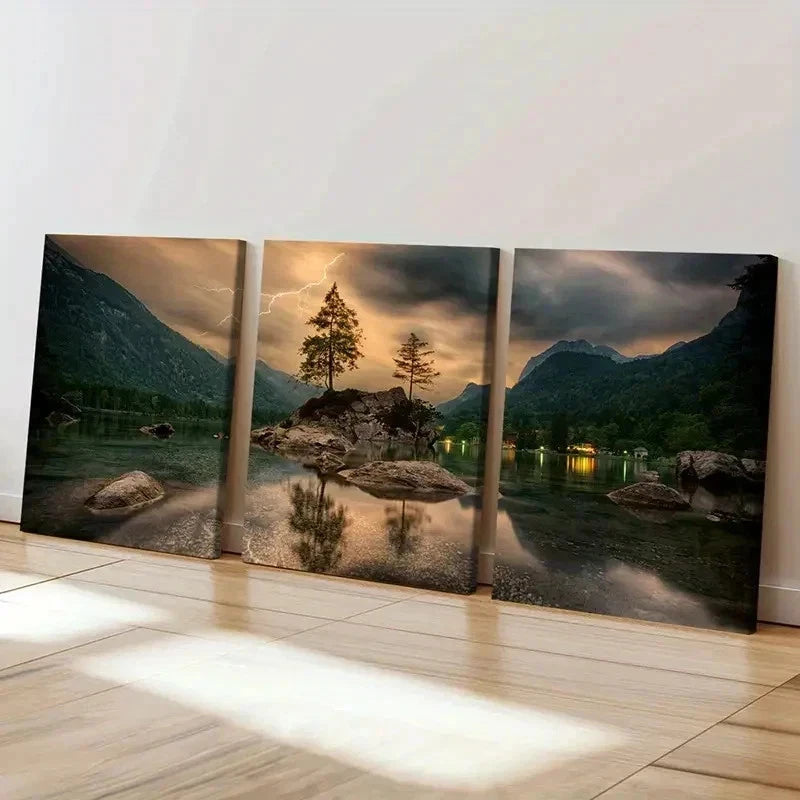 3pcs Forest Stones in the Lake & Lightning Wall Art Set Canvas Framed 40x60cm - High Quality Print 100% Australian Made Wall Canvas Ready to Hang - Bella Home Decor