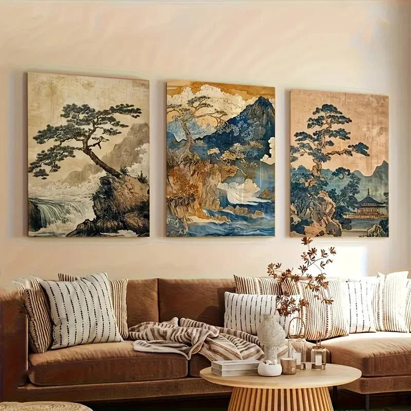 3pcs Traditional Vintage Mountains, Trees Wall Art Set Canvas Framed 40x60cm - High Quality Print 100% Australian Made Wall Canvas Ready to Hang - Bella Home Decor