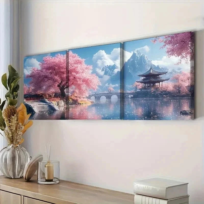 3pcs Pink Cherry Blossom Trees Wall Art Set Canvas Framed 60x90cm - High Quality Print 100% Australian Made Wall Canvas Ready to Hang