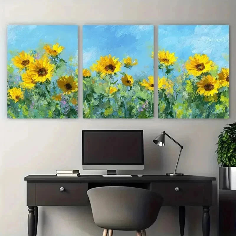 3pcs Sunflower Painting Impressionist Perfect Wall Art Set Canvas Framed 50x70cm - High Quality Print 100% Australian Made Wall Canvas Ready to Hang