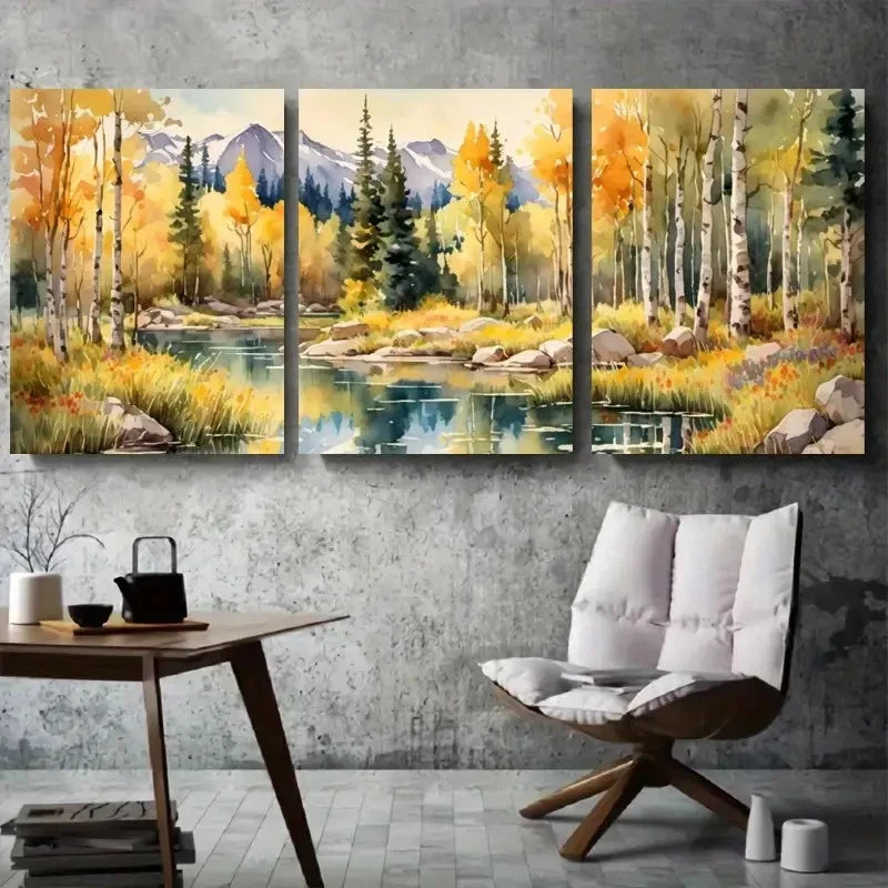 3pcs Tranquil River with Rocky Mountains Metal Print Ready to Hang Art