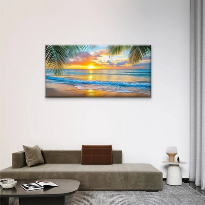 Palm Trees Waves Beach Wall Art Canvas Office Home Room Framed 120x60cm