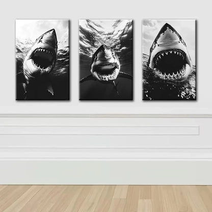 3pcs Great White Shark Illustration Metal Print Ready to Hang Art