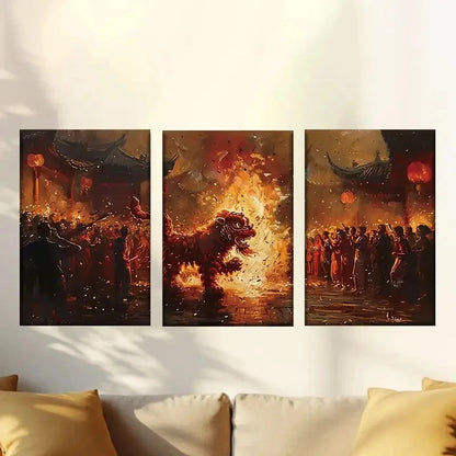3pcs Enchanting New Year's lion dance Wall Art Set Canvas Framed 50x70cm - High Quality Print 100% Australian Made Wall Canvas Ready to Hang