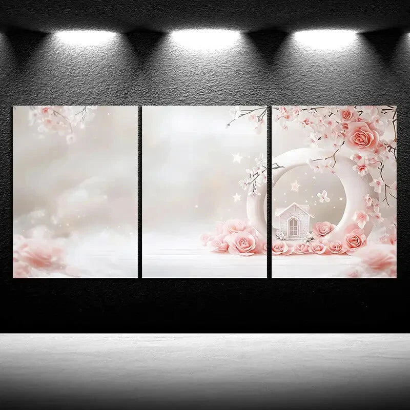 3pcs A House in The Snow Pink Roses Metal Print Ready to Hang Art - Bella Home Decor