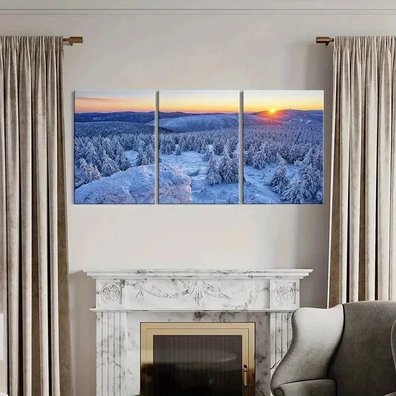 3pcs Snowy Landscape with Sunset Reflection Wall Art Set Canvas Framed 50x70cm - High Quality Print 100% Australian Made Wall Canvas Ready to Hang