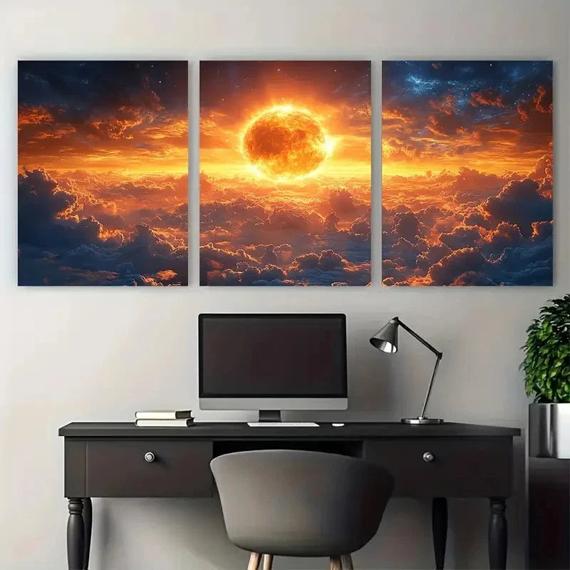 3pcs Sun Star Planet Earth  Wall Art Set Canvas Framed 50x70cm - High Quality Print 100% Australian Made Wall Canvas Ready to Hang - Bella Home Decor