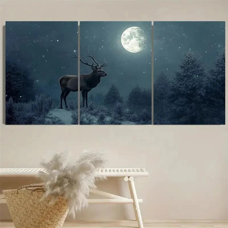 3pcs Serene Winter Forest Scene with Stag Wall Art Set Canvas Framed 60x90cm - High Quality Print 100% Australian Made Wall Canvas Ready to Hang