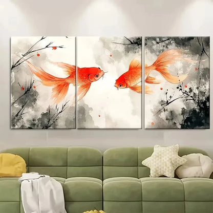 3pcs Abstract Chinese Bada Shanren Goldfish Wall Art Set Canvas Framed 60x90cm – High Quality Print 100% Australian Made Wall Canvas Ready to Hang - Bella Home Decor