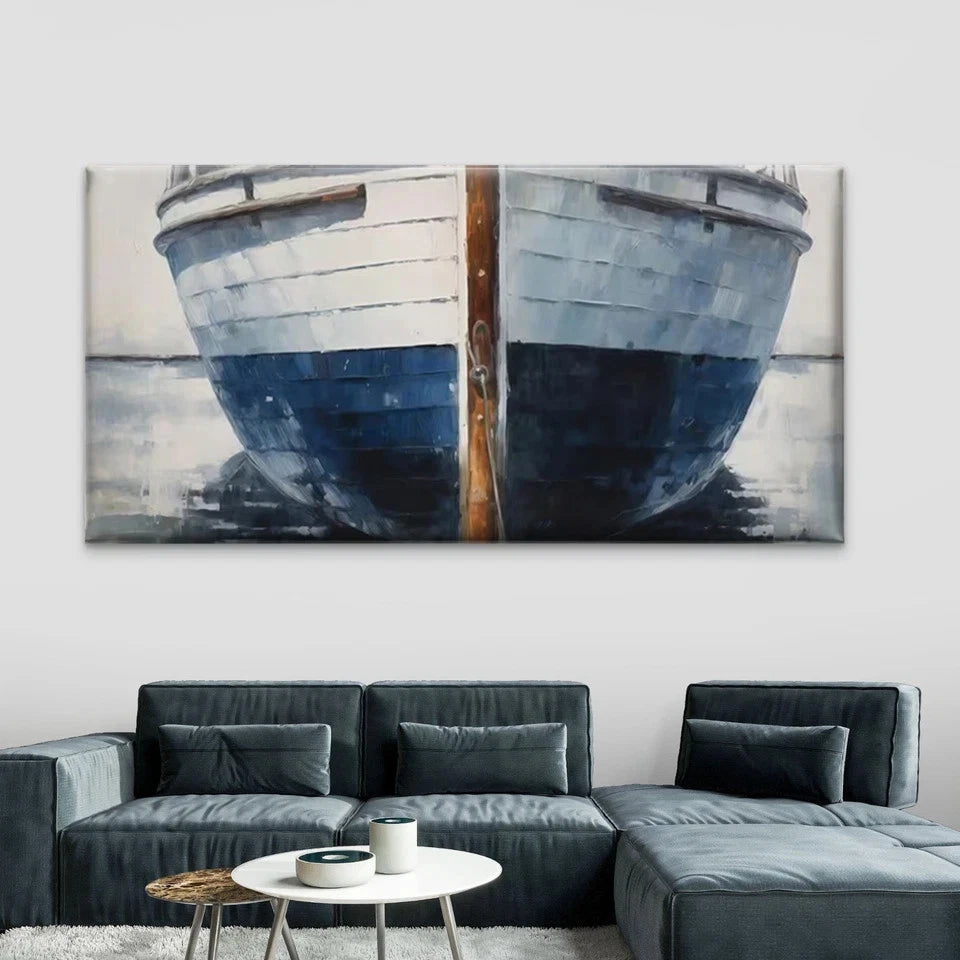 Blue & White Boat Seascape Wall Art Canvas Office Home Room Framed 120x60cm