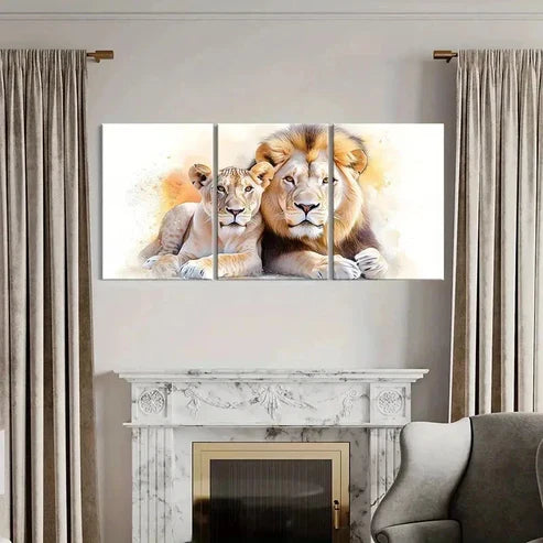 3pcs Retro Animal Art Lion Couple Wall Art Set Canvas Unframed - High Quality Print 100% Australian Made Wall Canvas