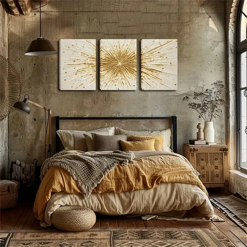 3pcs Golden Lines Radiating Outwards Wall Art Canvas Unframed - High Quality Print 100% Australian Made Wall Canvas - Bella Home Decor