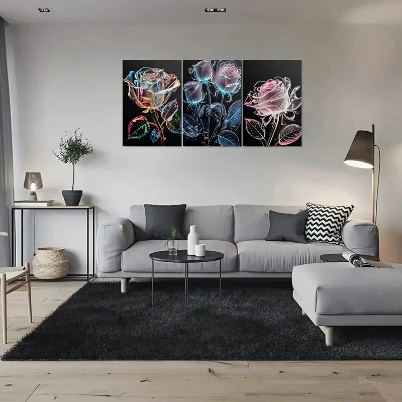 3pcs Colorful Rose Triptych Modern Metal Print Ready to Hang Art - Bella Home Decor