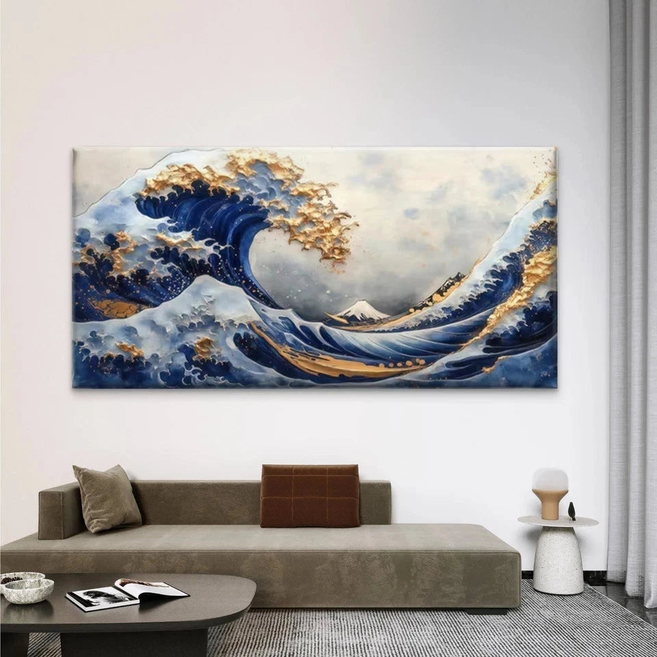 Japanese-Inspired Blue & Golden Wall Art Canvas Office Home Room Framed 120x60cm
