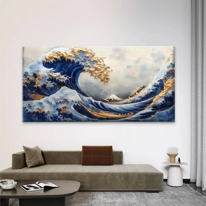 Japanese-Inspired Blue & Golden Wall Art Canvas Office Home Room Framed 120x60cm