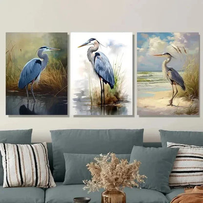 3pcs Blue Heron Wetlands & Beach Scene Wall Art Set Canvas Unframed - High Quality Print 100% Australian Made Wall Canvas - Bella Home Decor