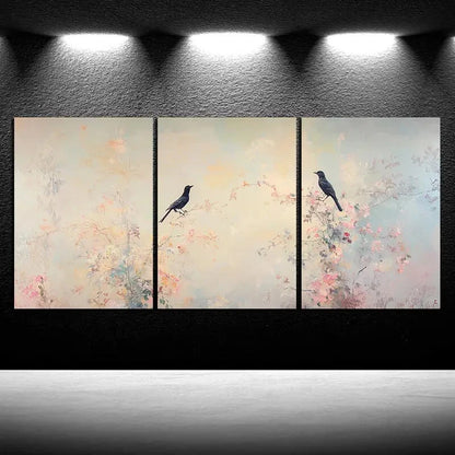 3pcs Black Birds on Blackberry Flowers Metal Print Ready to Hang Art - Bella Home Decor