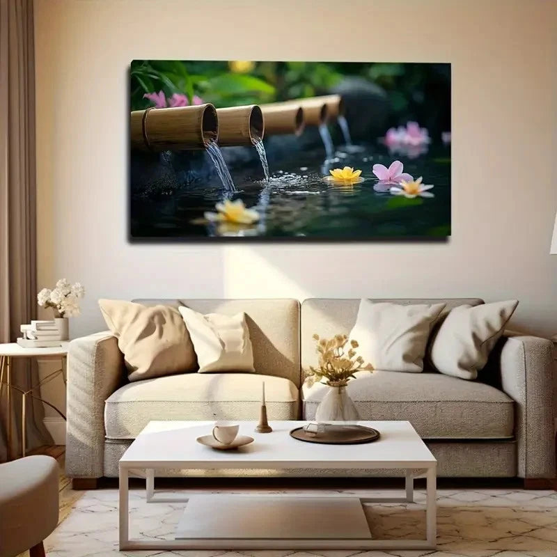 Serene Bamboo Fountain Blooming Wall Art Canvas Office Home Room Framed 120x60cm