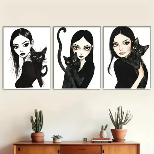 3pcs Gothic Style Girl and Black Cat Triptych Wall Art Set Canvas Framed 60x90cm - High Quality Print 100% Australian Made Wall Canvas Ready to Hang