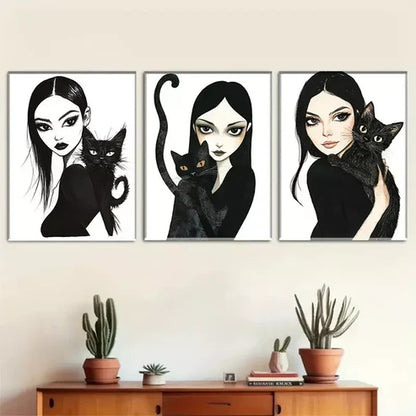 3pcs Gothic Style Girl and Black Cat Triptych Wall Art Set Canvas Framed 60x90cm - High Quality Print 100% Australian Made Wall Canvas Ready to Hang