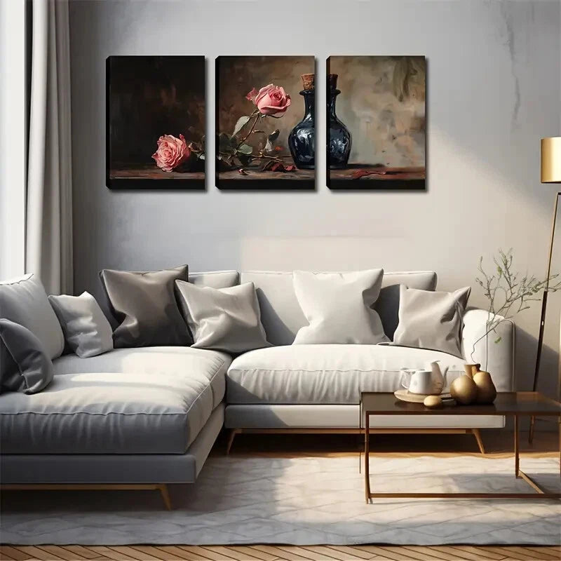 3pcs Pink Roses & Dark Bottles Dark Perfect Wall Art Set Canvas Framed 40x60cm - High Quality Print 100% Australian Made Wall Canvas Ready to Hang - Bella Home Decor
