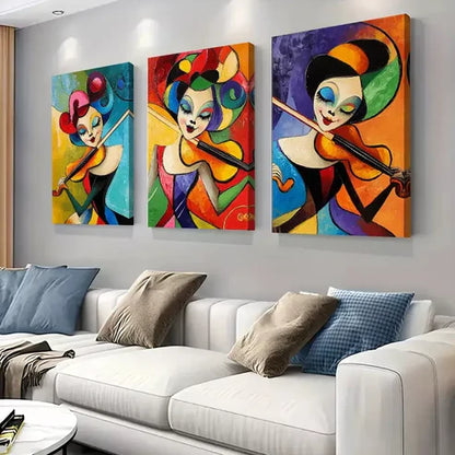 3 PCS Colorful And Lively Abstract Violinist Wall Art Set Canvas Unframed - High Quality Print 100% Australian Made Wall Canvas - Bella Home Decor