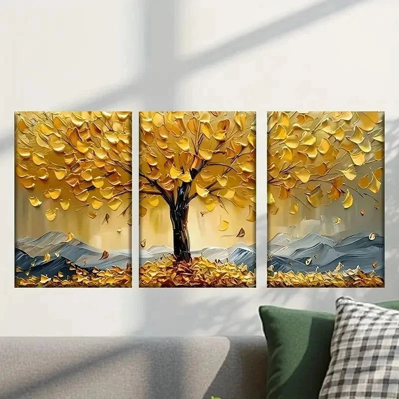 3pcs Tree with Golden Yellow Leaves Wall Art Set Canvas Framed 50x70cm - High Quality Print 100% Australian Made Wall Canvas Ready to Hang