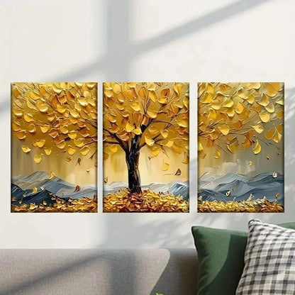 3pcs Tree with Golden Yellow Leaves Wall Art Set Canvas Framed 50x70cm - High Quality Print 100% Australian Made Wall Canvas Ready to Hang