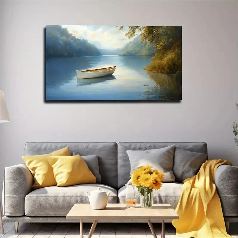 Scenic Lake Boat Waters Décor Wall Art Canvas Office Home Room Framed 120x60cm