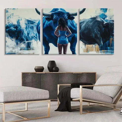 3pcs Powerful Blue Bull Confident Woman Wall Art Canvas Unframed - High Quality Print 100% Australian Made Wall Canvas