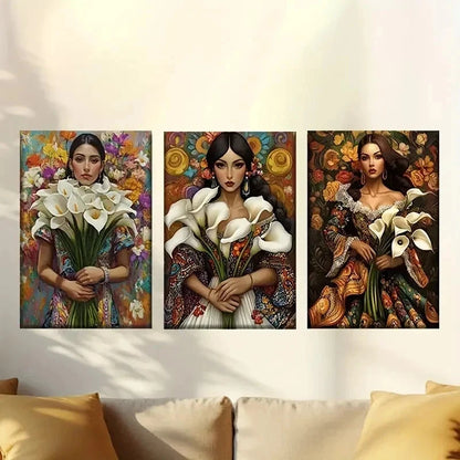 3pcs Three women in dresses with flowers Wall Art Set Canvas Framed 50x70cm - High Quality Print 100% Australian Made Wall Canvas Ready to Hang