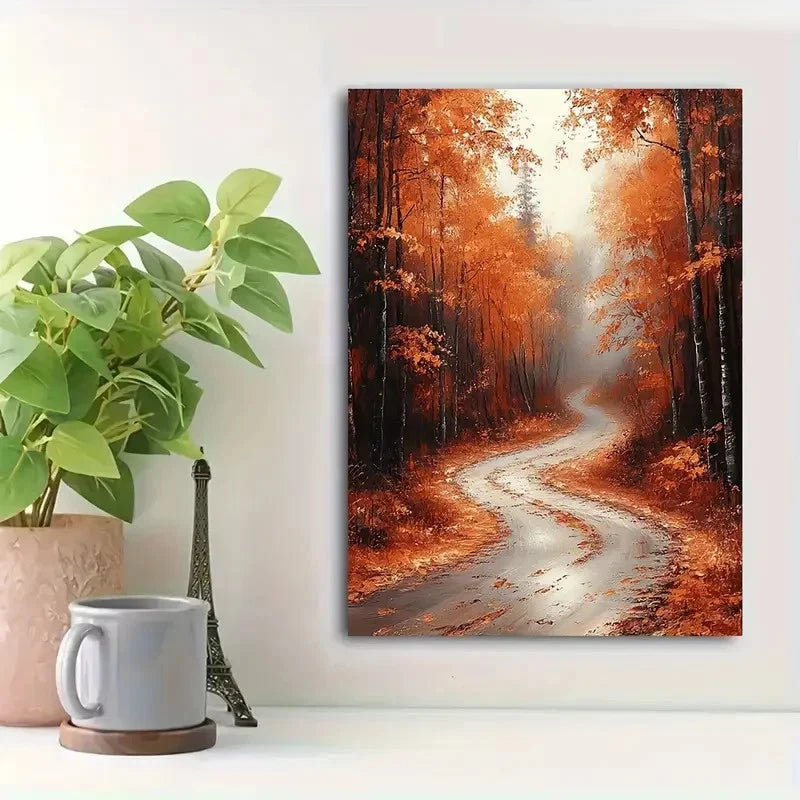 Beautiful Autumnal Forest Road Painting 40x60cm Metal Print Ready to Hang - Bella Home Decor