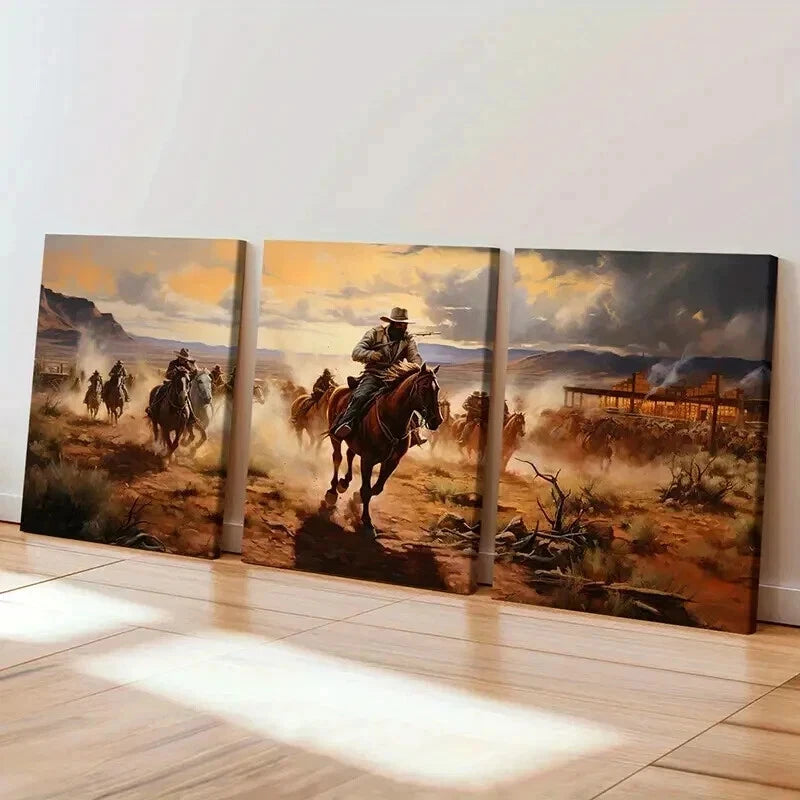 3pcs Landscape with Cowboy on Horseback Wall Art Set Canvas Framed 60x90cm - High Quality Print 100% Australian Made Wall Canvas Ready to Hang - Bella Home Decor