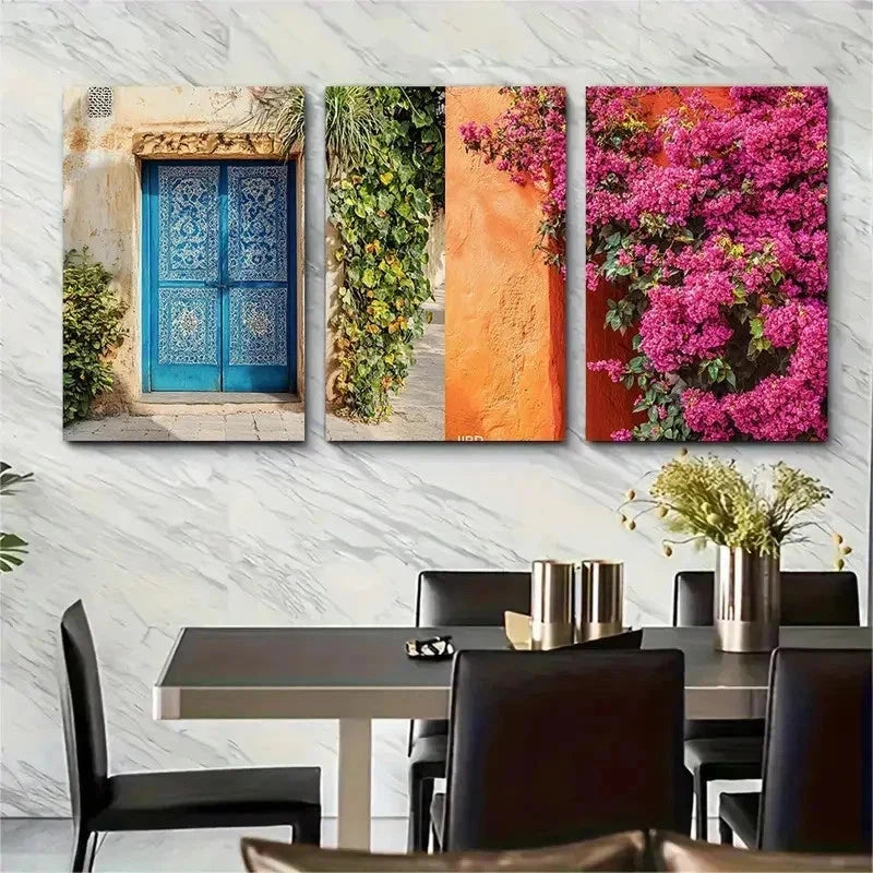 3pcs Vintage Moroccan Aesthetic Blue Perfect Wall Art Set Canvas Framed 50x70cm - High Quality Print 100% Australian Made Wall Canvas Ready to Hang