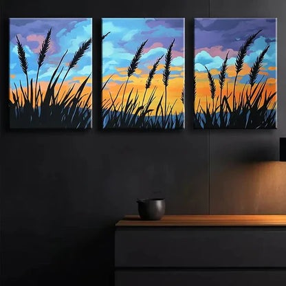 3pcs Sunset Grass Silhouettes Shine Nature Wall Art Set Canvas Unframed - High Quality Print 100% Australian Made Wall Canvas