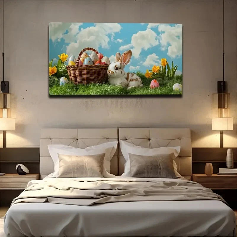 Rabbit On Green Grass Easter Wall Art Canvas Office Home Room Framed 120x60cm