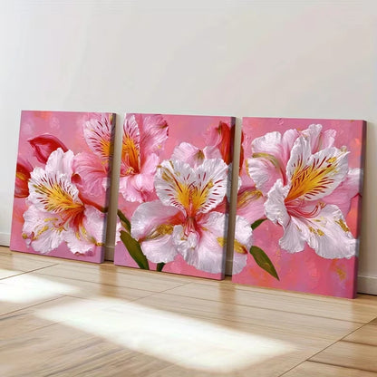 3pcs Lily of the Incas Pink White Flower  Wall Art Set Canvas Framed 40x60cm - High Quality Print 100% Australian Made Wall Canvas Ready to Hang