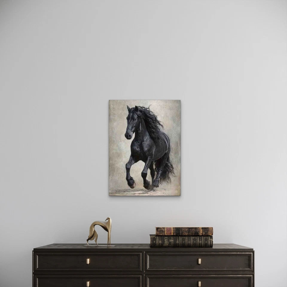 Manga-Style Galloping Friesian Horse Metal Print Ready to Hang