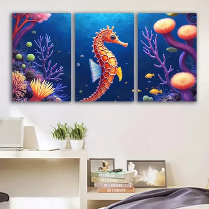 3pcs Seahorse Swimming In Underwater Coral Reef Wall Art Set Canvas Framed 60x90cm - High Quality Print 100% Australian Made Wall Canvas Ready to Hang