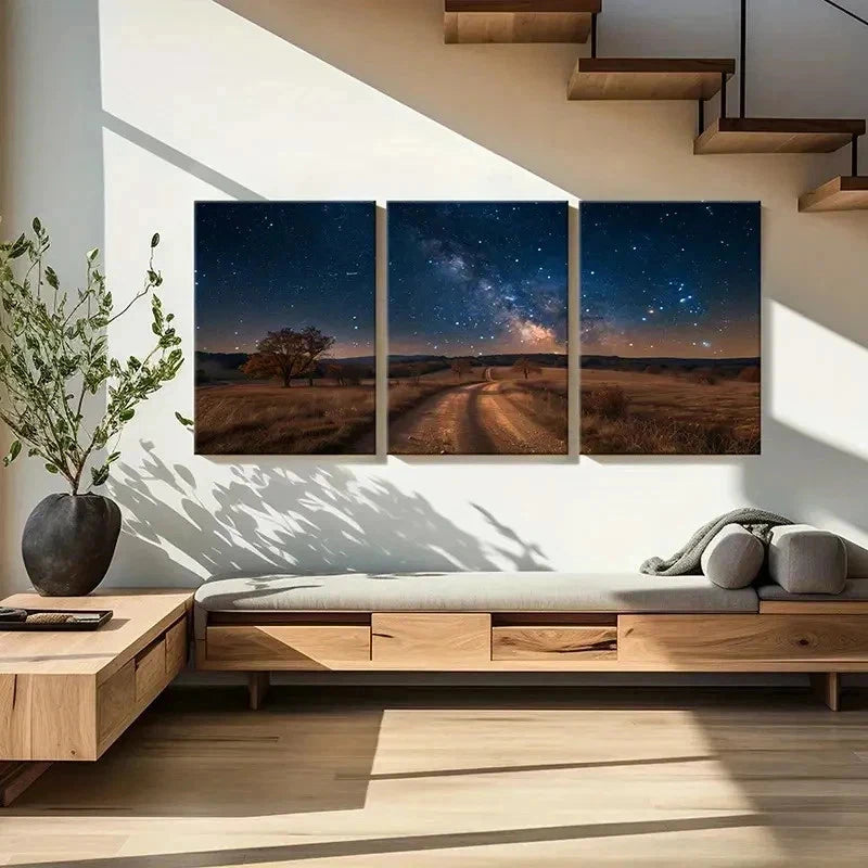 3pcs Night Scene Road Under The Star Wall Art Set Canvas Framed 60x90cm - High Quality Print 100% Australian Made Wall Canvas Ready to Hang