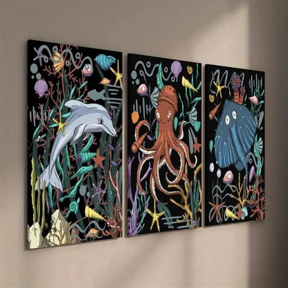 3pcs Dolphin Octopus Stingray Underwater Wall Art Set Canvas Framed 50x70cm - High Quality Print 100% Australian Made Wall Canvas Ready to Hang